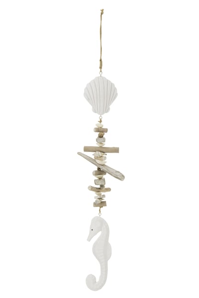 Suspension coquillage + hippocampe bois flotté/résine blanc/naturel
