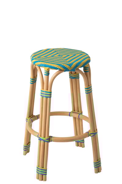 Tabouret geo rotin jaune/bleu azur