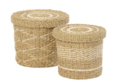 Set de 2 panier +  couvercle ligné papier blanc/naturel