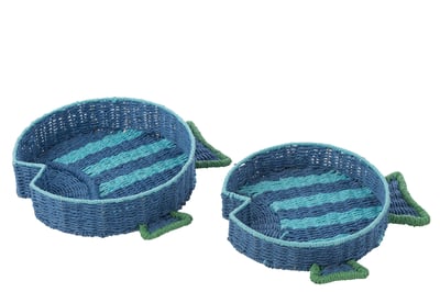 Set de 2 plateau décoratif poisson ligné papier bleu foncé/vert émeraude