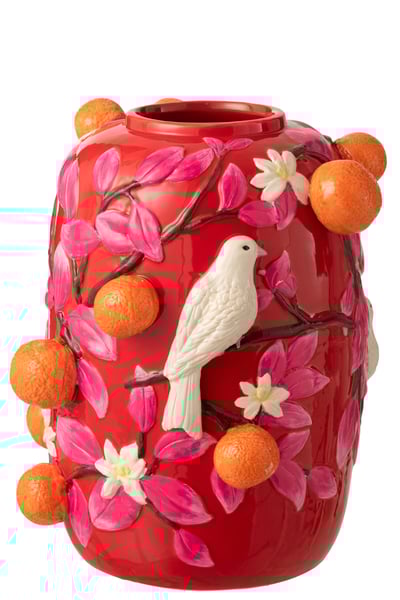 Vase oiseau/oranges céramique rose/orange large