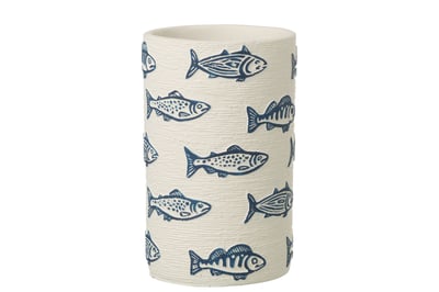 Cachepot poisson rond ciment blanc/bleu large