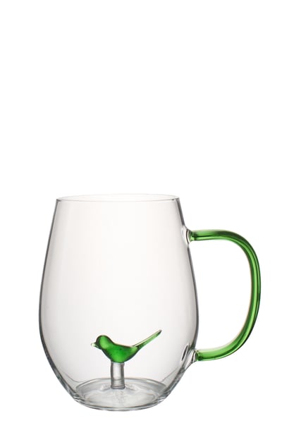 Verre oiseau avec anse verre vert/transparent