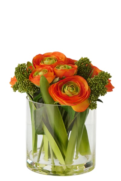 Renoncule sur vase tissu orange/transparent large
