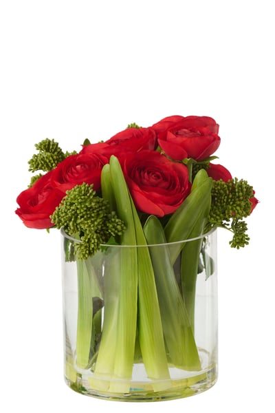 Renoncule sur vase tissu rouge/transparent large