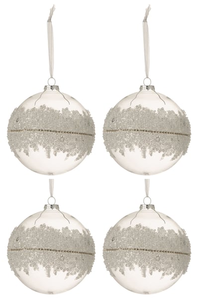 Boite de 4 boules de noel glace diamant lignes verre transparent large Boite de 4 boules de noel glace diamant lignes verre transparent large