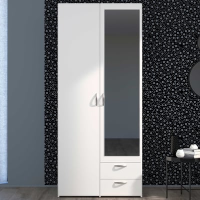 Armoire Salvador miroir, 2 portes & 2 tiroirs - blanc