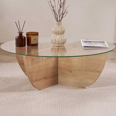 Table Basse Liya - 100% TEMPERED GLASS - Chêne Saphir - 30 x 90 x 90 cm