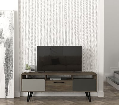 Tera Home Meuble TV | 100% mélaminé | Epaisseur 18mm | Pieds en métal | 150cm Largeur, 55cm Hauteur | Gris Anthracite Noyer