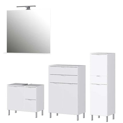 Ensemble de salle de bains Mauro | Meuble bas pour lavabo, commode, meuble latéral, miroir mural éclairé | Blanc brillant