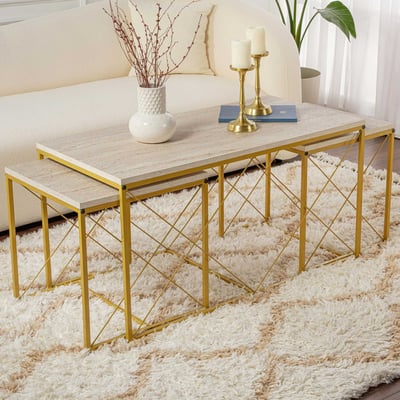 Defne Ensemble de table basse | 100 % MÉLAMINE | Travertin Or