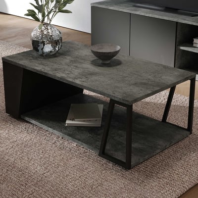 Table basse Albérique 1 niche et 1 compartiment de rangement sur le côté-béton/noir mat