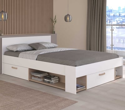 Lit double Achiel - 140x200cm - avec rangement - blanc/décor chêne Lit double Achiel - 140x200cm - avec rangement - blanc/décor chêne