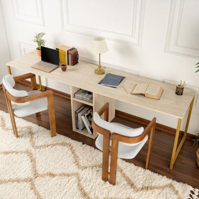 Bureau Twin - 240x60x74cm - pour 2 personnes - travertin/or