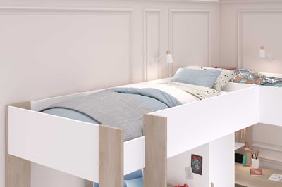 Lit Mezzanine Double Enfant Parisot Alexandra - 2 Lits 90x200, 2 Bureaux, Rangements, Blanc/chêne, Pour Chambre Partagée, Sommiers Inclus