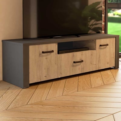 Meuble TV Aubrey - 148x42x44cm - 2 portes & 1 tiroir - décor chêne/noir