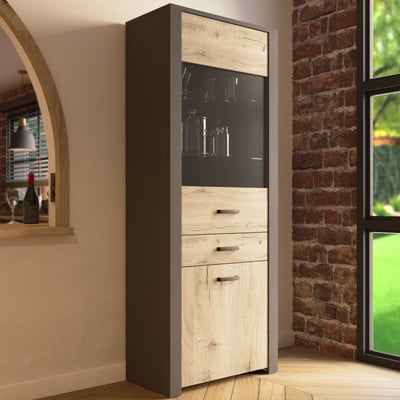 Vitrine Aubrey - 75x42x198cm - 2 portes & 1 lade - décor chêne/noir