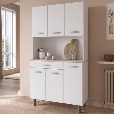 Vaisselier Pavel 185cm de hauteur-blanc mat/acacia avec plan de travail