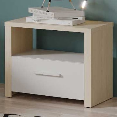 Table de chevet Heva - 47x33x40cm - avec tiroir - blanc/décor chêne