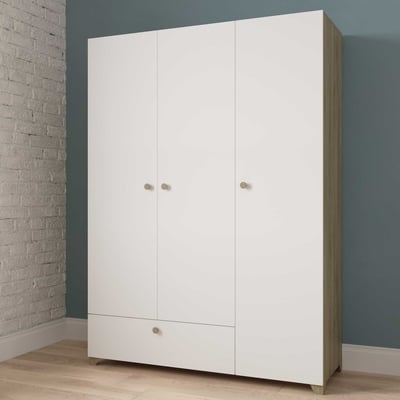 Armoire Liva 3 portes tournantes, 1 tringle, 4 étagères et 1 tiroir-chêne Kronberg/blanc mat