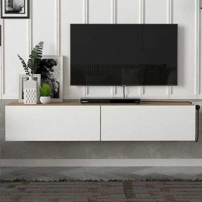 Meuble TV Aristo - 135x32x25cm - 2 portes - blanc/décor chêne