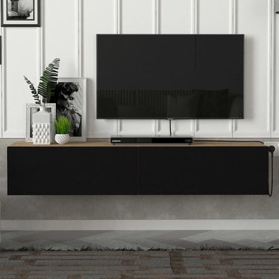 Meuble TV Aristo - 135x32x25cm - 2 portes - noir/décor chêne