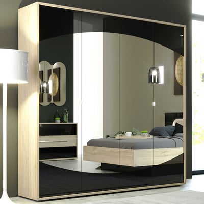 Armoire Avalon 200cm avec miroir 4 portes - chêne/noir