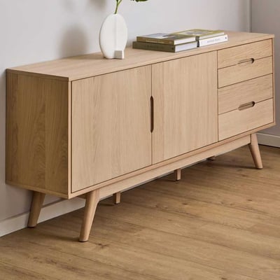 Bahut Merza - 180x40x75cm - 2 portes & 4 tiroirs - placage chêne blanc