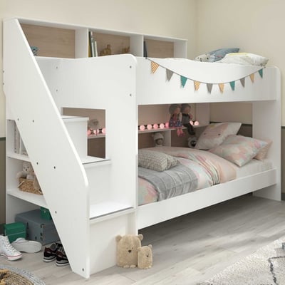 Lit superposé Lester 90x200 avec rangement - blanc/chêne Lit superposé Lester 90x200 avec rangement - blanc/chêne
