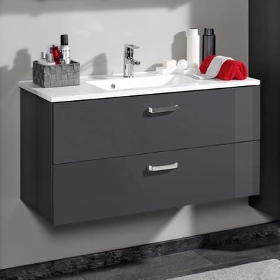 Meuble vasque Bobbi 90cm 2 tiroirs - graphite/gris brillant