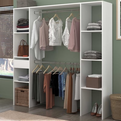 Armoire Botan 176cm, 6 étagères, 2 tringles à vêtements & 1 tiroir - blanc