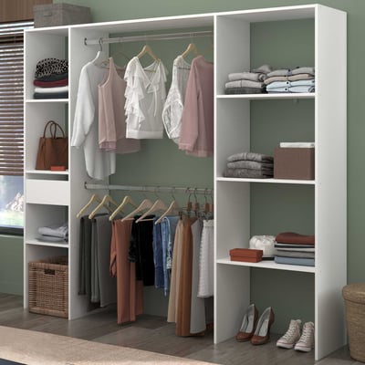 Armoire Botan 198cm, 6 étagères, 2 tringles à vêtements & 1 tiroir - blanc