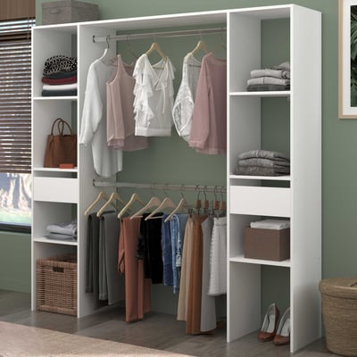 Armoire Botan 176cm, 6 étagères, 2 tringles à vêtements & 2 tiroirs - blanc