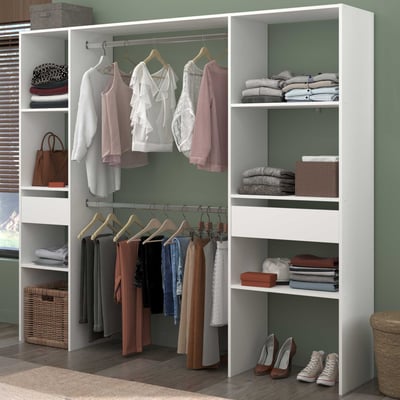 Armoire Botan 198cm, 6 étagères, 2 tringles à vêtements & 2 tiroirs - blanc