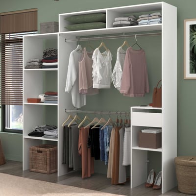 Armoire Botan 140-198cm, 4 étagères, 2 tringles, 1 tiroir - blanc