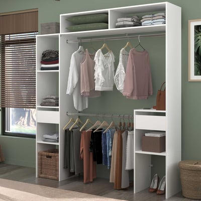 Armoire Botan 140x176cm, 4 étagères, 2 tringles, 2 tiroirs - blanc