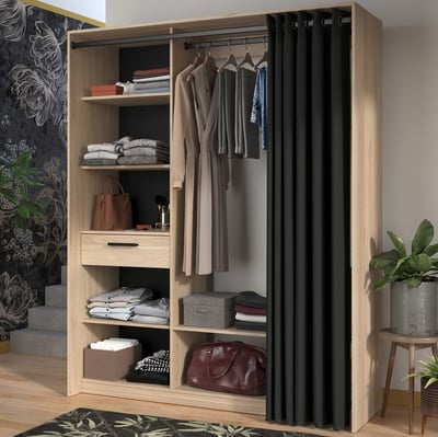Armoire ouverte Cosy - 161x50x200cm - avec rideau - chêne/noir