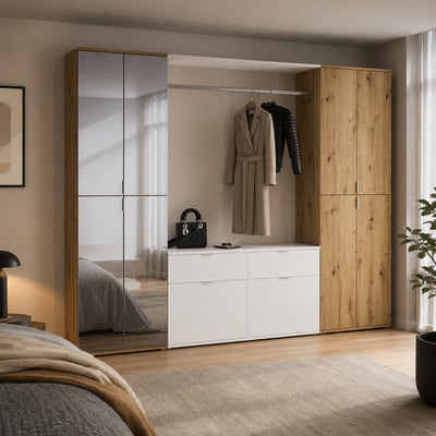Armoire Projekt X Emob - Artisan Oak, blanc et miroir - 243x193x34 cm