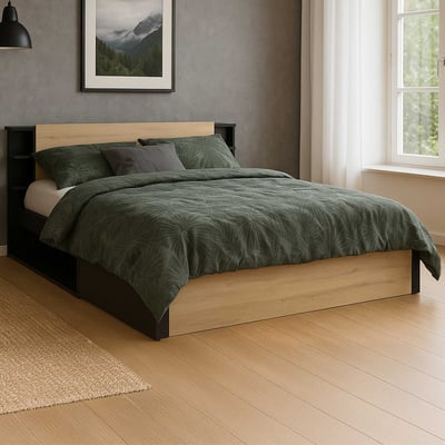 Lit Maura avec espace de rangement 140 x 190 cm/200 cm-chêne Kronberg/noir mat