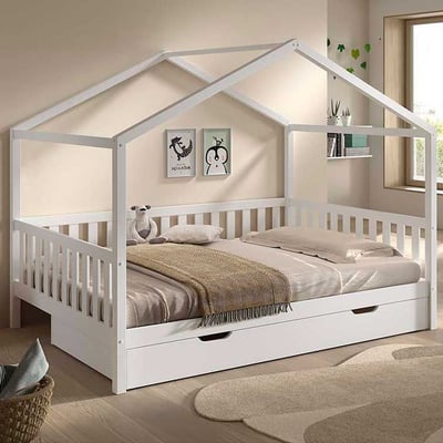 Lit cabane Dallas - 140x200cm - avec tiroir de lit - bois de pin massif - blanc