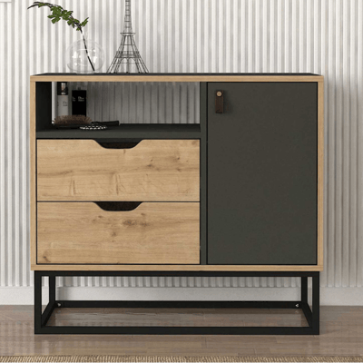 Commode Dolores - 90x35x80cm - 2 tiroirs & 1 porte - décor chêne/anthracite