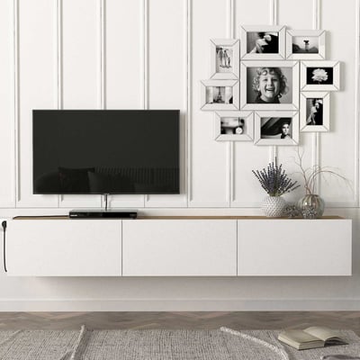 Meuble Tv Damla - 180x30x30cm - 3 portes - blanc/décor chêne