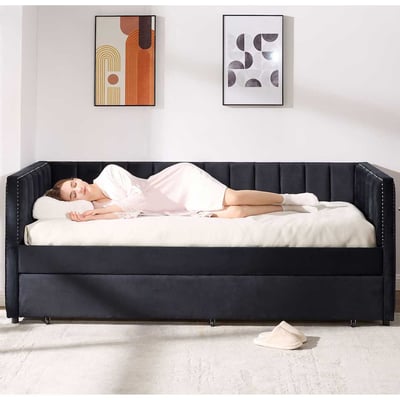 Lit banquette Auckland - 90 x 200 cm - Avec lit gigogne - Velours noir