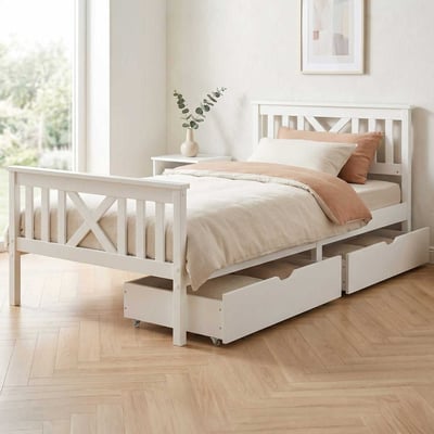 Lit simple Milo - 90x200cm - avec tiroirs - bois de pin massif - blanc