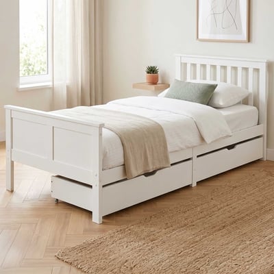 Lit simple Rover - 90x200cm - avec tiroirs de rangement - bois de pin massif - blanc