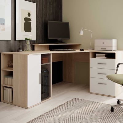 Bureau d'angle Efford avec espace de rangement - chêne/blanc Bureau d'angle Efford avec espace de rangement - chêne/blanc