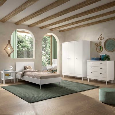 Chambre d'enfant Forrest: chevet, lit 90x200, armoire, commode - bois de hêtre blanc