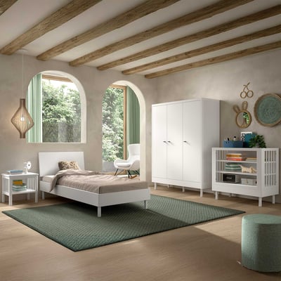 Chambre d'enfant Forrest: chevet, lit 90x200, armoire, étagère - bois de hêtre blanc