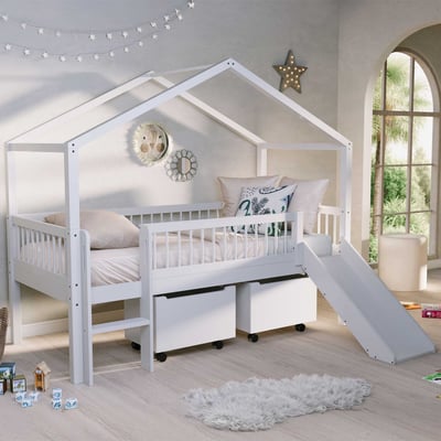 Lit cabane Forrest - 90 x 200cm - avec toboggan et boîtes de rangement - bois hêtre - blanc