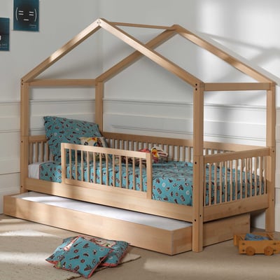 Lit cabane Forrest 90x200cm avec barrière et lit gigogne - bois de hêtre 